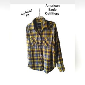 American Eagle Women’s Size Medium Yellow/Blue Plaid Brushed Cotton Blouse
